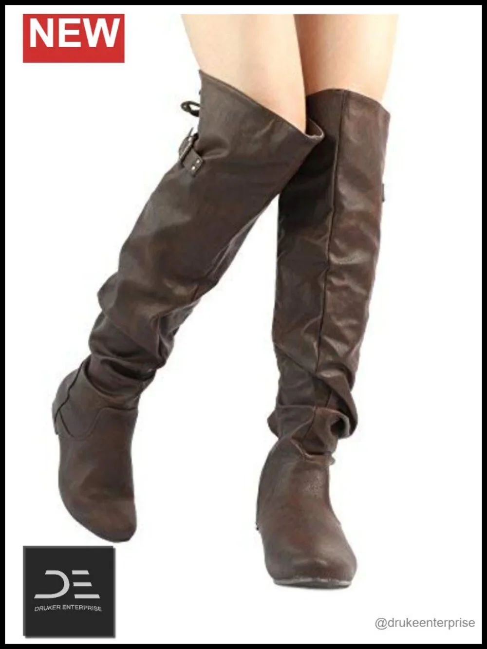 Over the Knee Slouch Thigh Boots, Faux Leather, Flat Heel, Side Zip